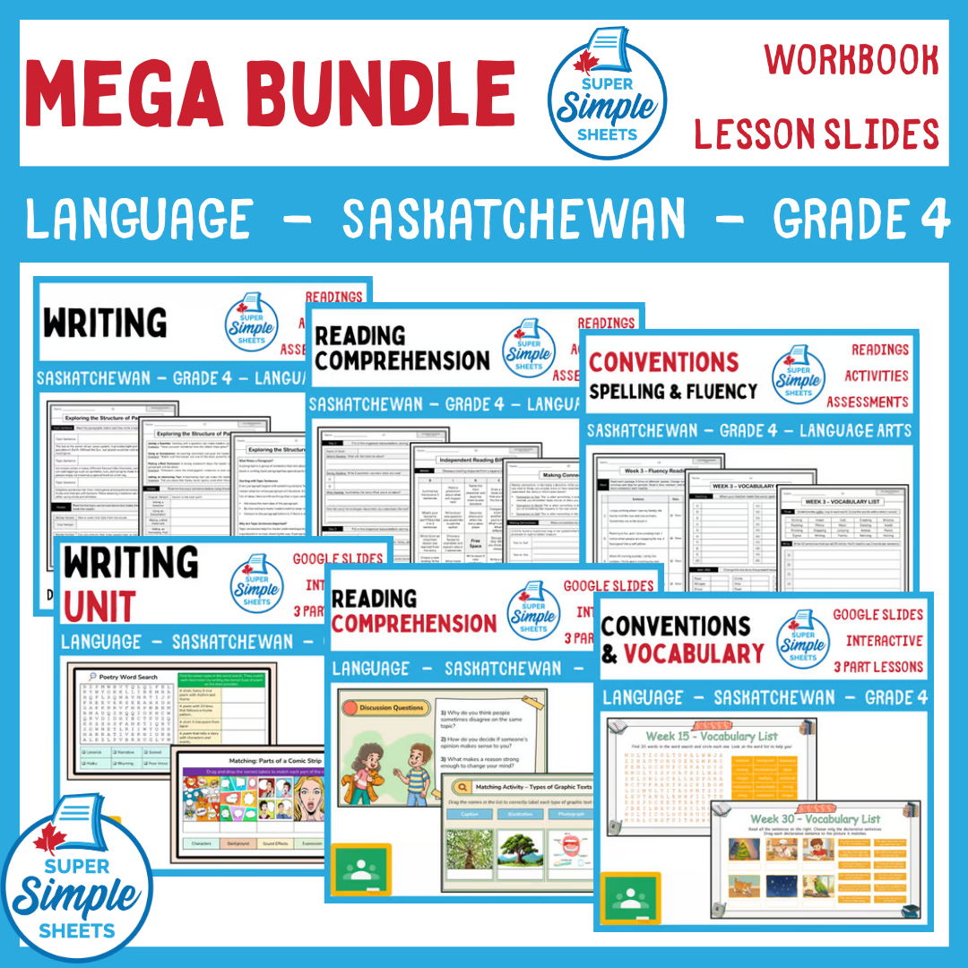 Grade 4 - Saskatchewan Language - Lessons/Workbook Mega Bundle – Super ...