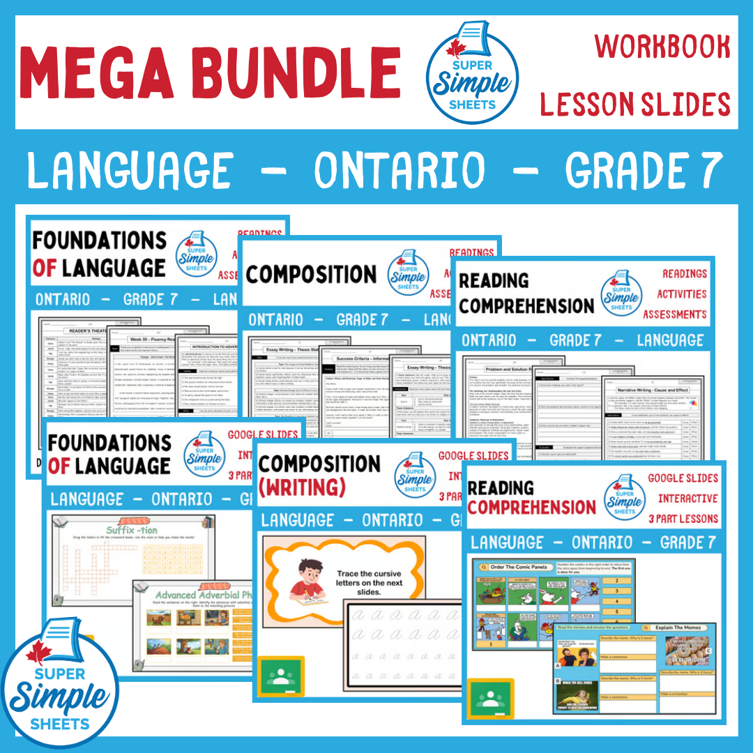 Grade 7 - Ontario Language - Lessons/Workbook Mega Bundle