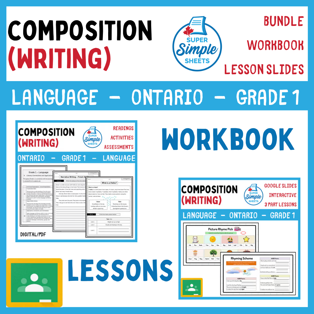 Grade 1 - Composition (Writing) Unit - Ontario Language - Lesson/Workbook Bundle