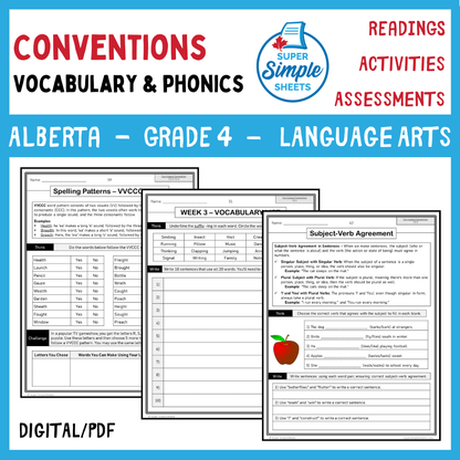 NEW 2023 Alberta Language ELA - Grade 4 - Vocabulary, Conventions, Phonics & Fluency