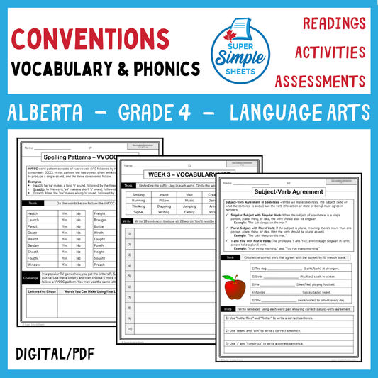 NEW 2023 Alberta Language ELA - Grade 4 - Vocabulary, Conventions, Phonics & Fluency