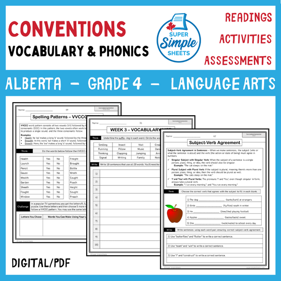 NEW 2023 Alberta Language ELA - Grade 4 - Vocabulary, Conventions, Phonics & Fluency