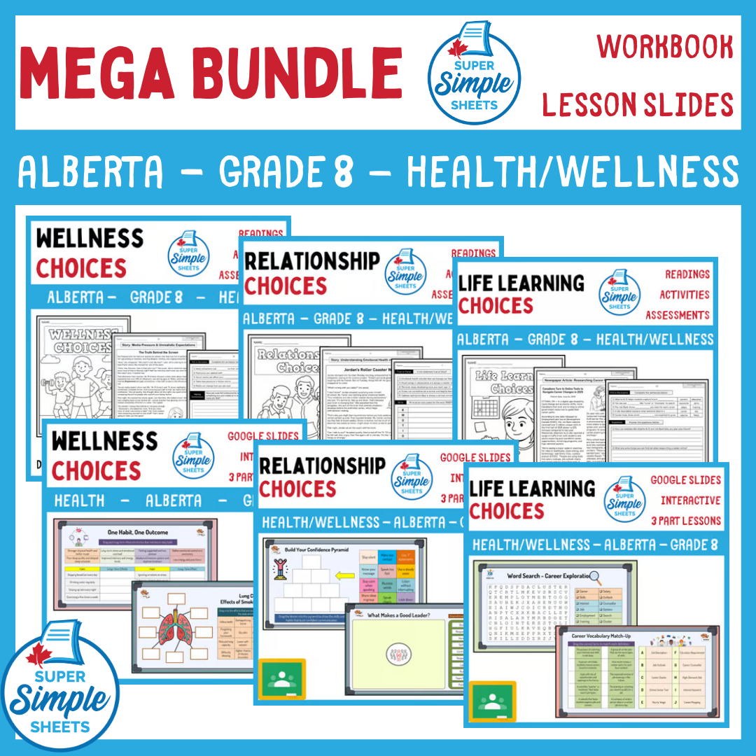Grade 8 - Alberta Health and Wellness - Lessons/Workbook Mega Bundle