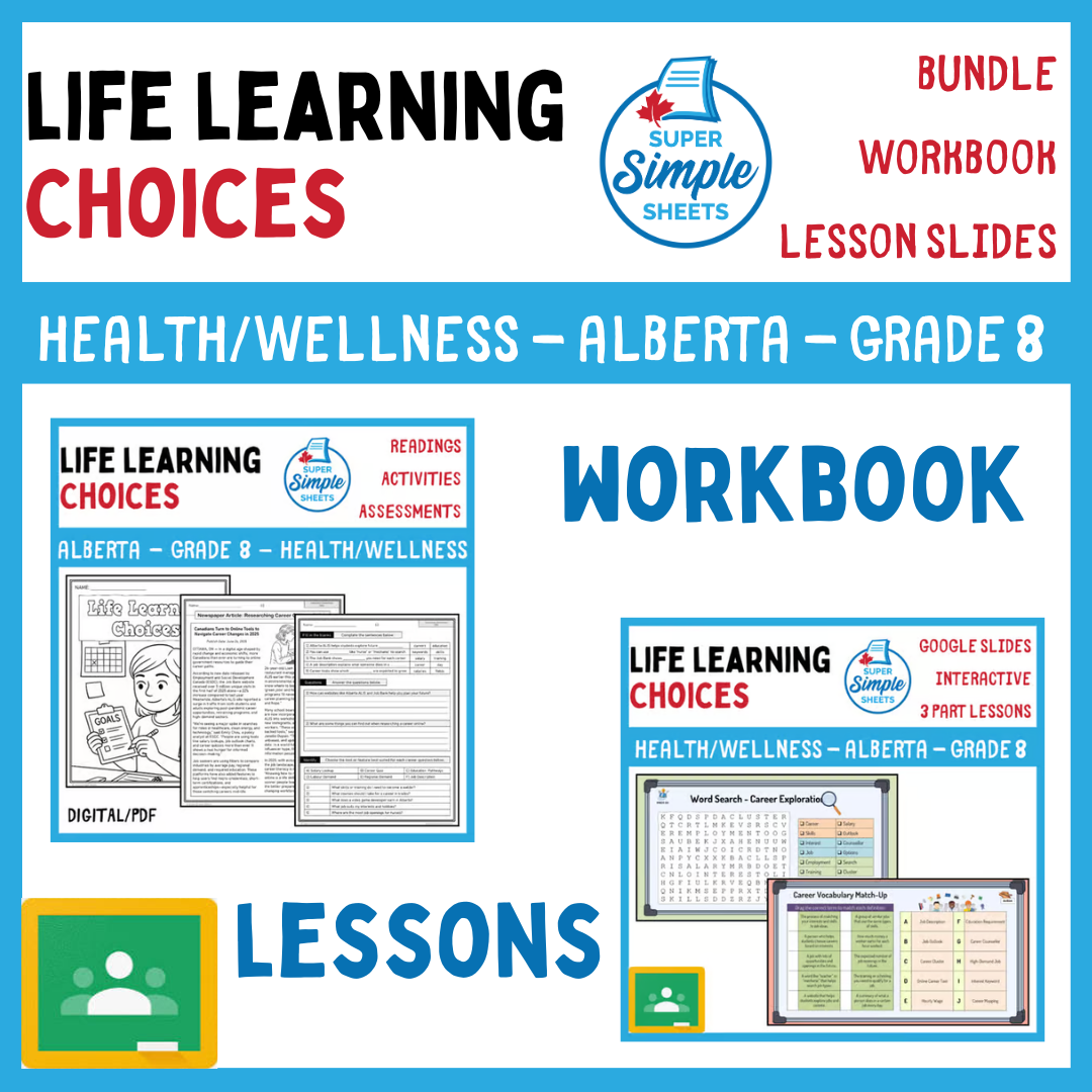 Grade 8 - Life Learning Choices Unit - Alberta Health - Lessons/Workbook Bundle