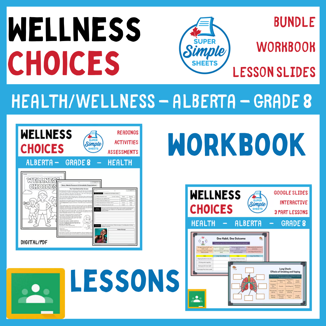 Grade 8 - Wellness Choices Unit - Alberta Health - Lessons/Workbook Bundle