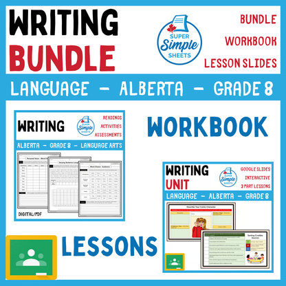 Grade 8 - Writing Unit - Alberta Language ELA - Lesson/Workbook Bundle