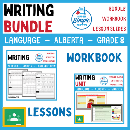 Grade 8 - Writing Unit - Alberta Language ELA - Lesson/Workbook Bundle