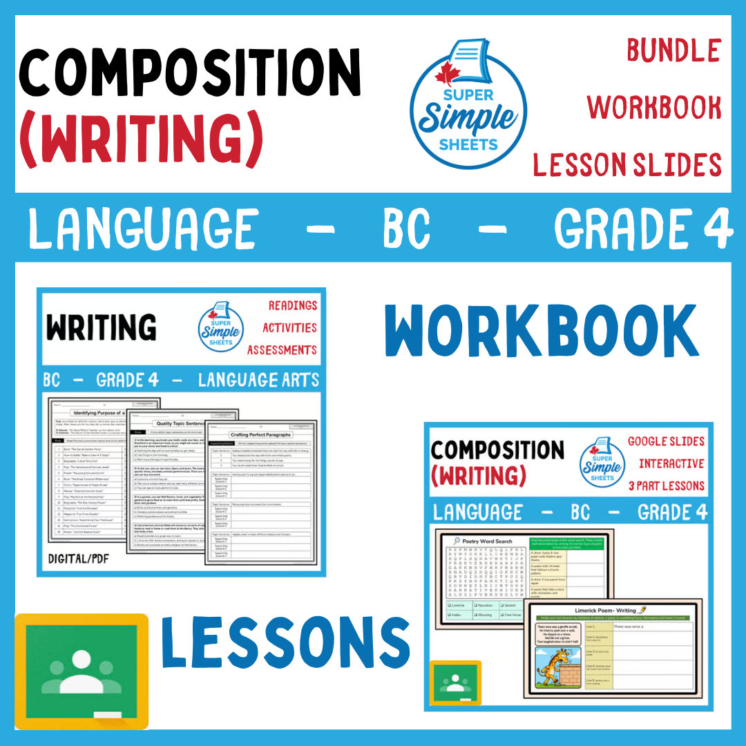Grade 4 - Composition (Writing) Unit - BC Language - Lesson/Workbook Bundle