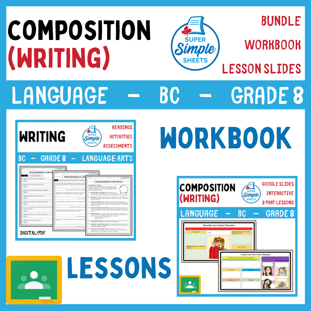 Grade 8 - Composition (Writing) Unit - BC Language - Lesson/Workbook Bundle