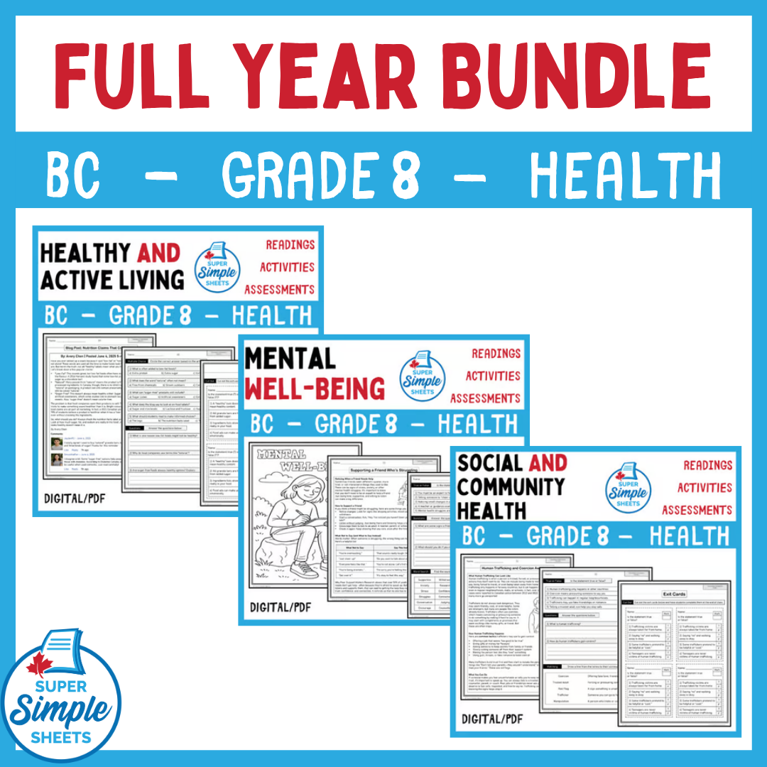 Grade 8 - BC Health Curriculum - FULL YEAR BUNDLE – Super Simple Sheets