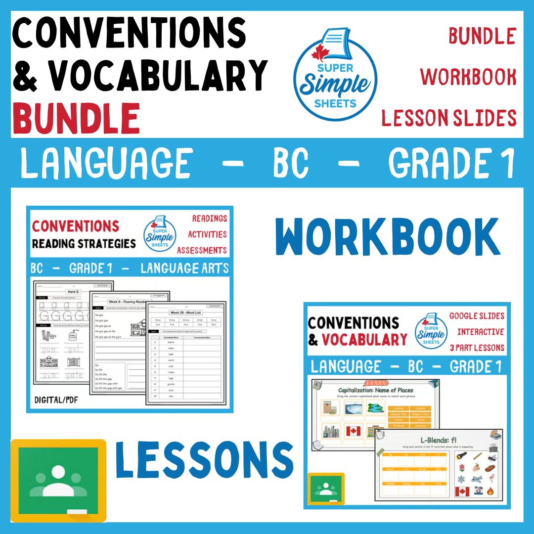 Grade 1 - Conventions & Vocabulary - BC Language - Lesson/Workbook Bundle