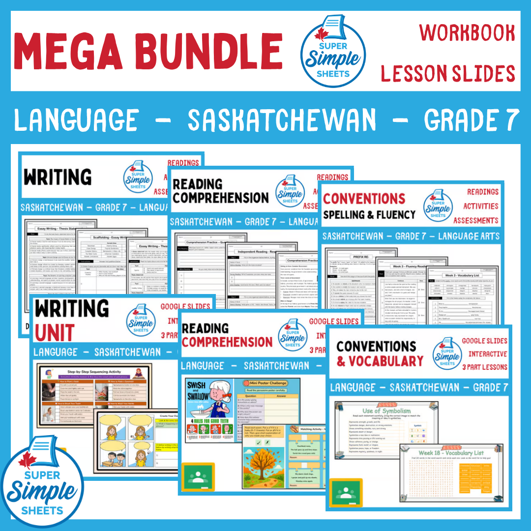 Grade 7 - Saskatchewan Language - Lessons/Workbook Mega Bundle