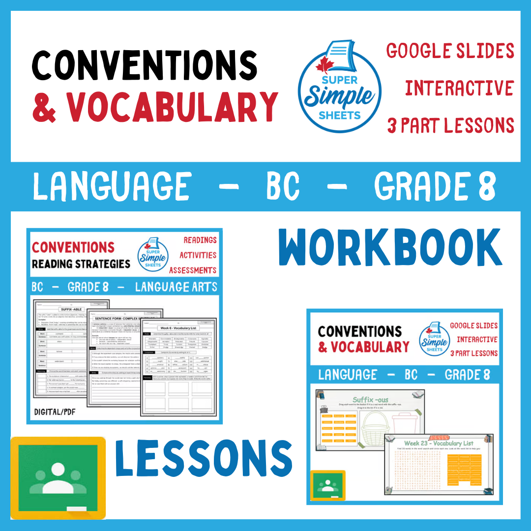 Grade 8 - Conventions & Vocabulary - BC Language - Lesson/Workbook Bundle