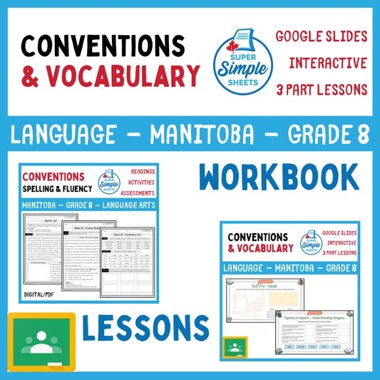 Grade 8 - Conventions & Vocabulary - Manitoba Language - Lesson/Workbook Bundle