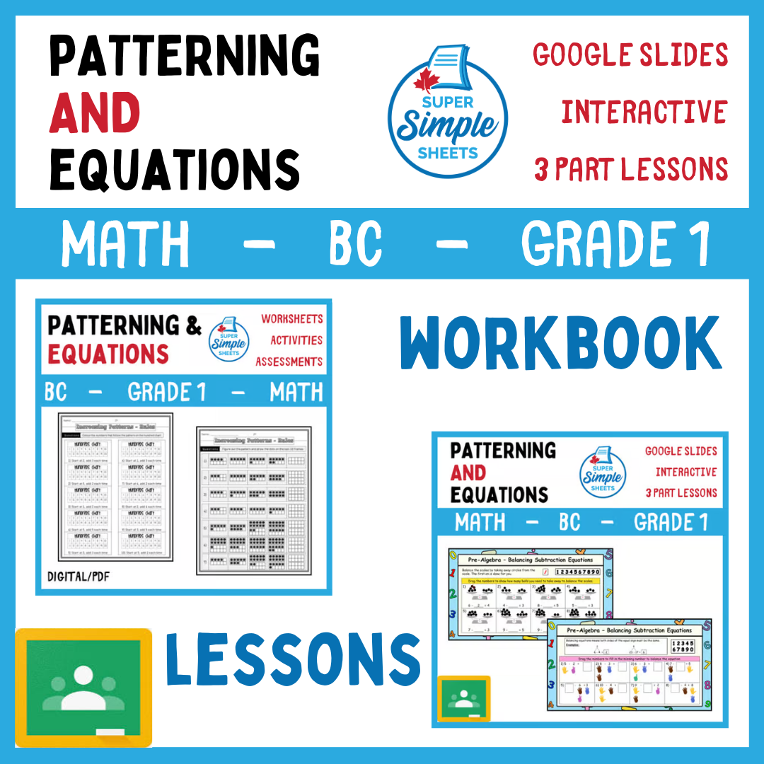Grade 1 - Patterning and Equations Unit - BC Math - Lesson/Workbook Bundle