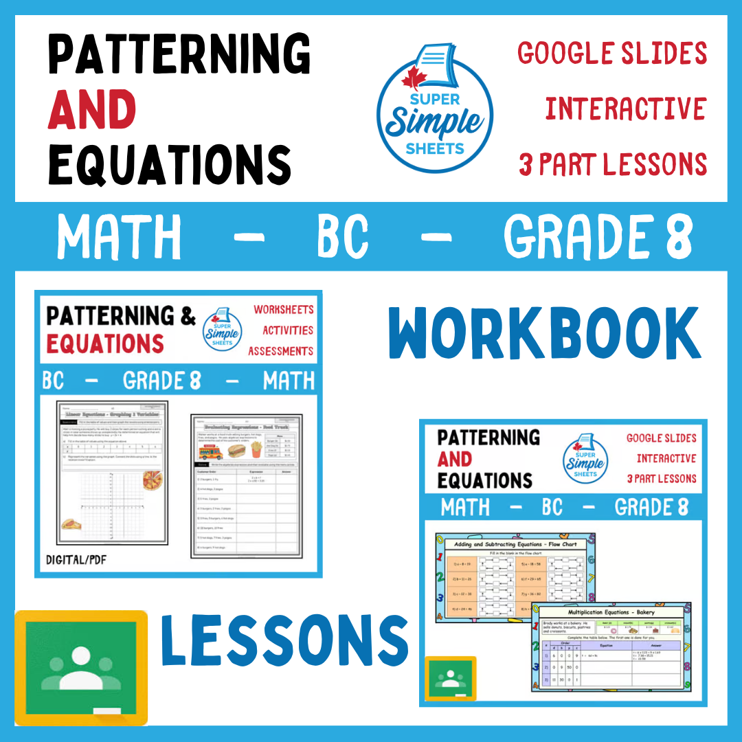Grade 8 - Patterning and Equations Unit - BC Math - Lesson/Workbook Bundle