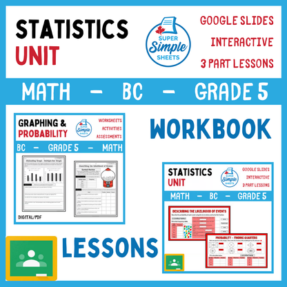 Grade 5 - Statistics Unit - BC Math - Lesson/Workbook Bundle