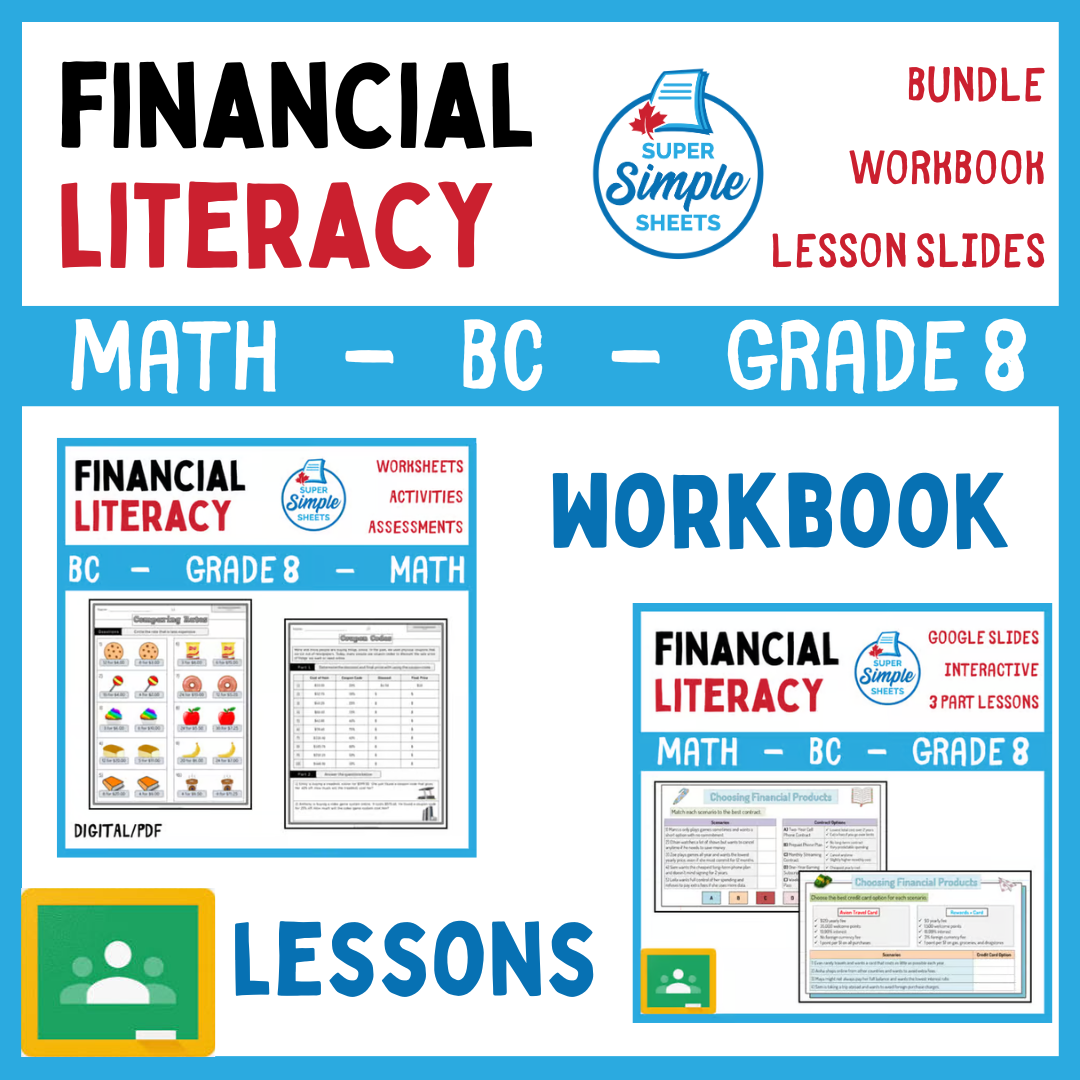 Grade 8 - Financial Literacy Unit - BC Math - Lesson/Workbook Bundle