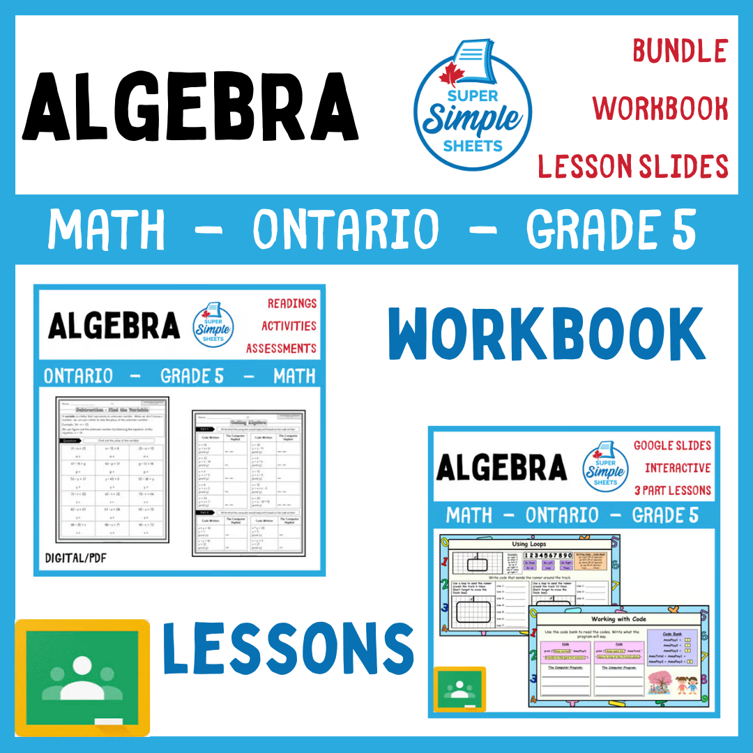 Grade 5 - Algebra - Patterns, Equations - Ontario Math - Lesson/Workbook Bundle