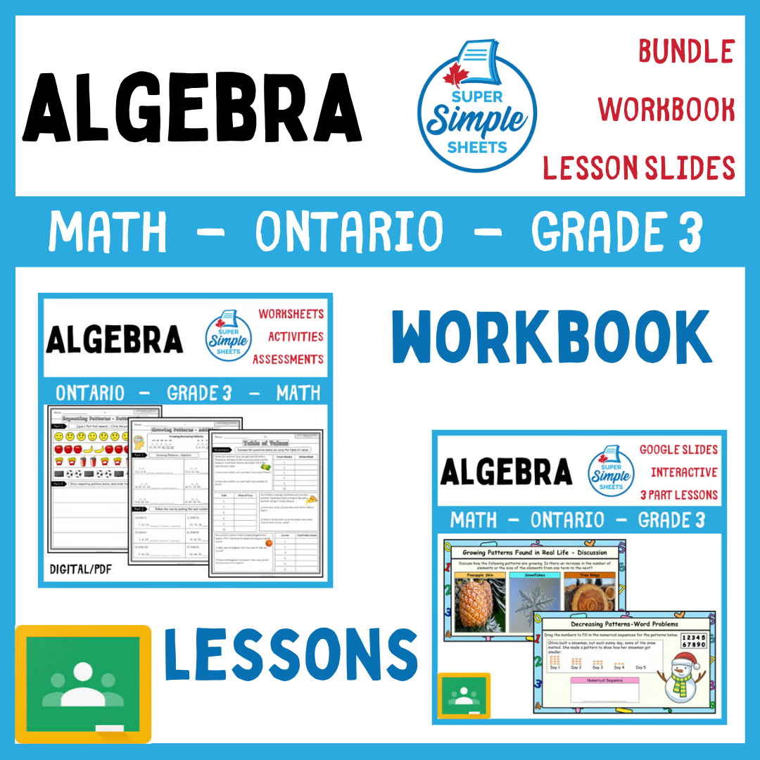 Grade 3 - Algebra - Patterns, Equations - Ontario Math - Lesson/Workbook Bundle