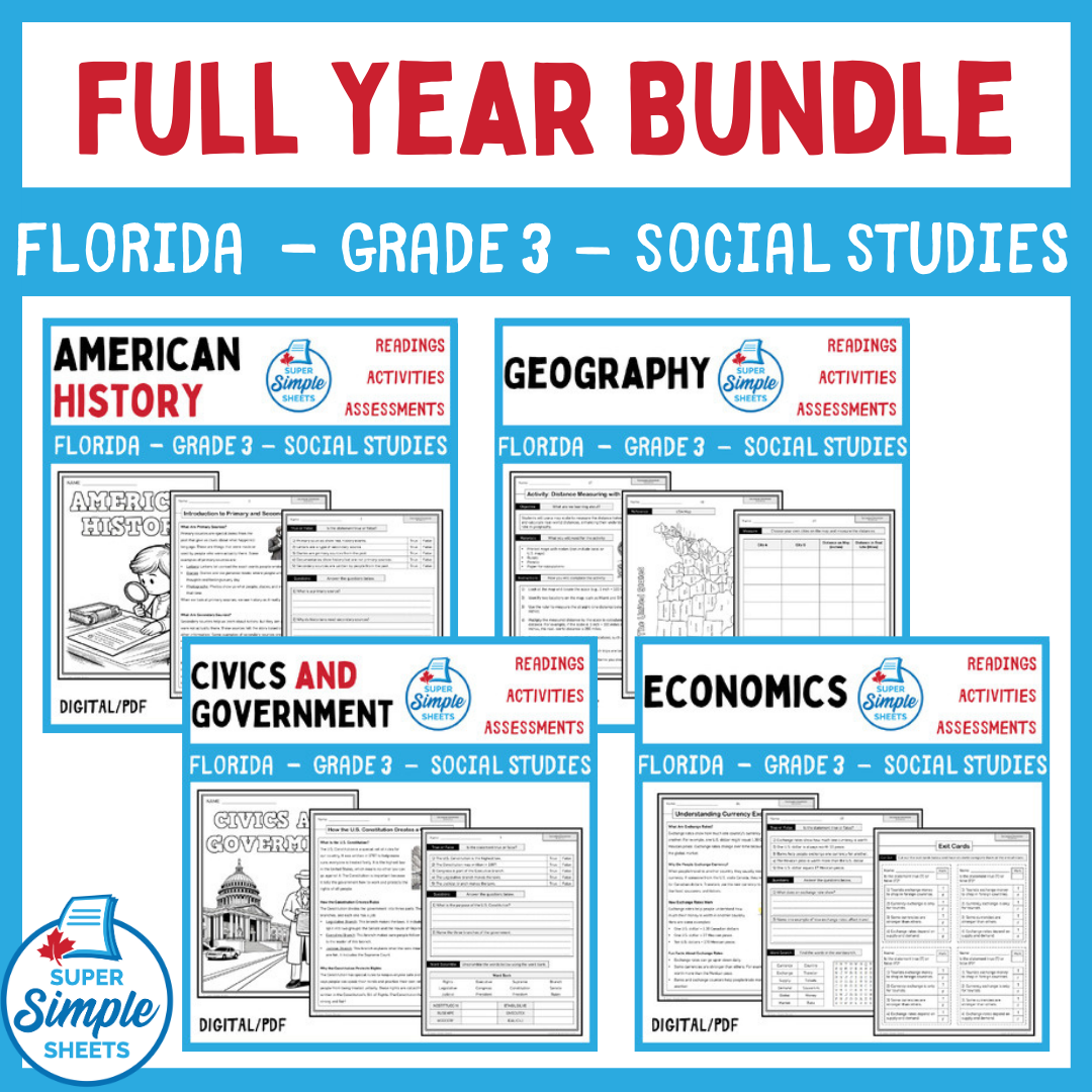 Florida - Grade 3 Social Studies - FULL YEAR BUNDLE – Super Simple Sheets