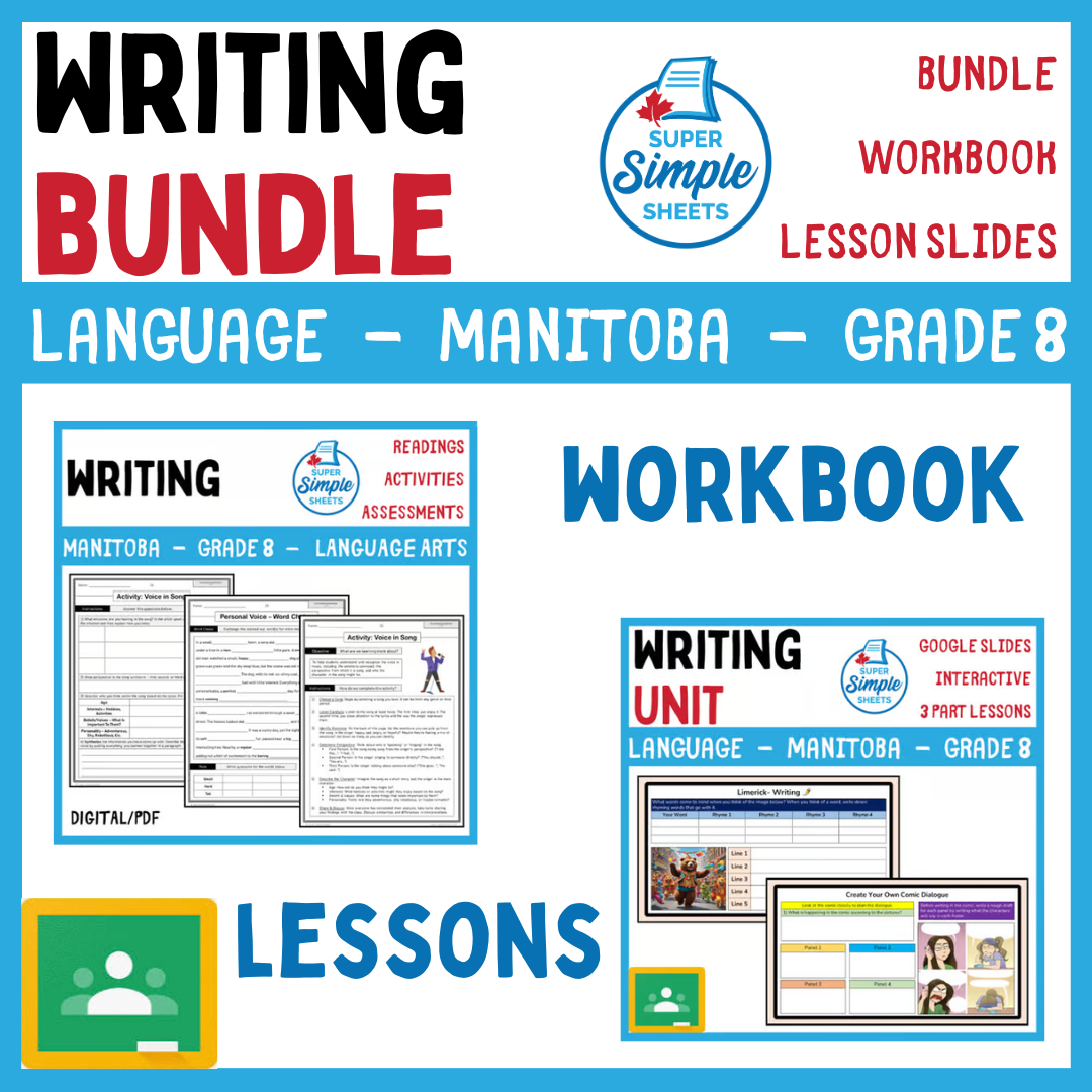 Grade 8 - Writing Unit - Manitoba Language - Lesson/Workbook Bundle