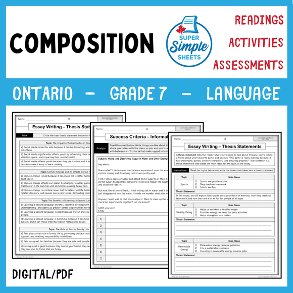 NEW 2023 Ontario Language - Grade 7 - Composition