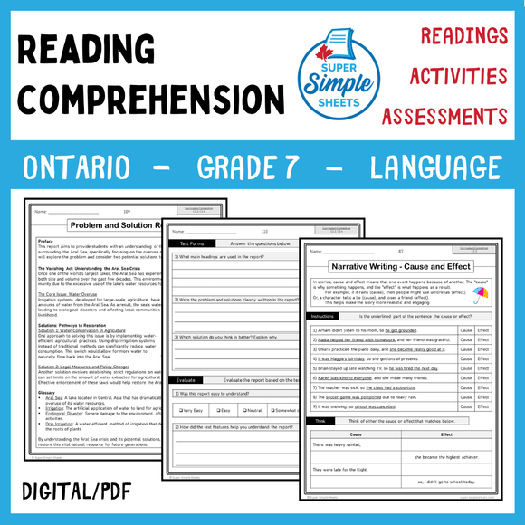 NEW 2023 Ontario Language - Grade 7 - Reading Comprehension