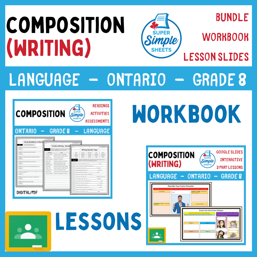 Grade 8 - Composition (Writing) Unit - Ontario Language - Lesson/Workbook Bundle