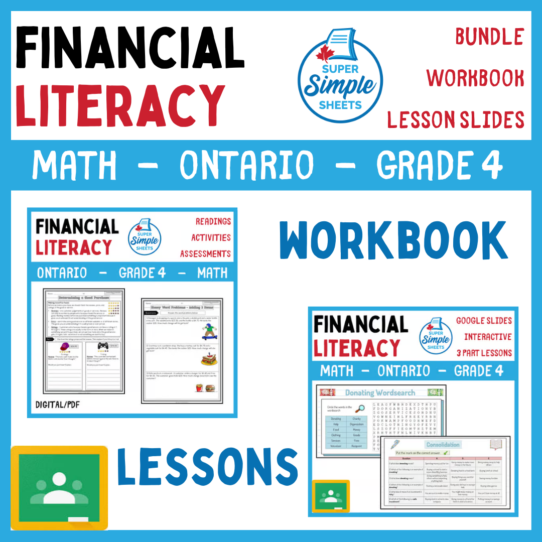 Grade 4 - Financial Literacy Unit - Ontario Math - Lesson/Workbook Bundle