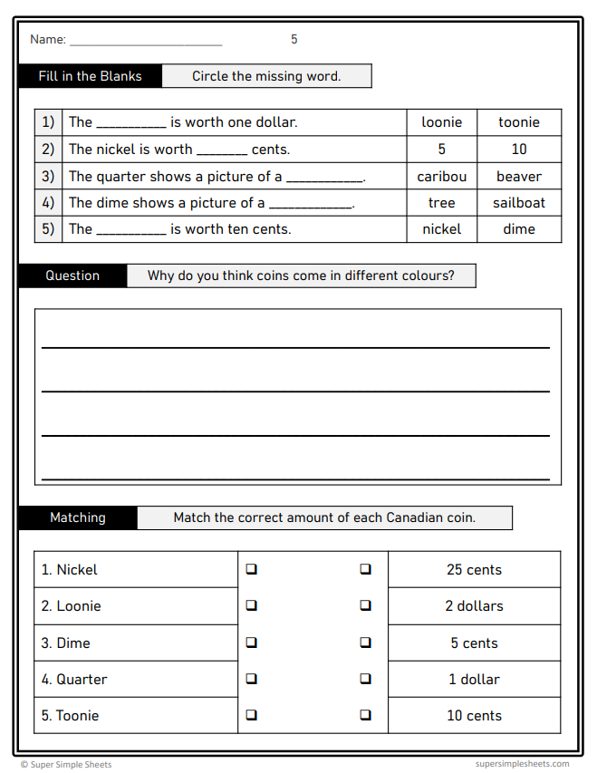 Grade 1 - Financial Literacy Unit - BC Math - Lesson/Workbook Bundle