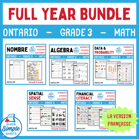Grade 3 - Full Year Math Bundle - Ontario 2020 Curriculum - FRENCH VERSION