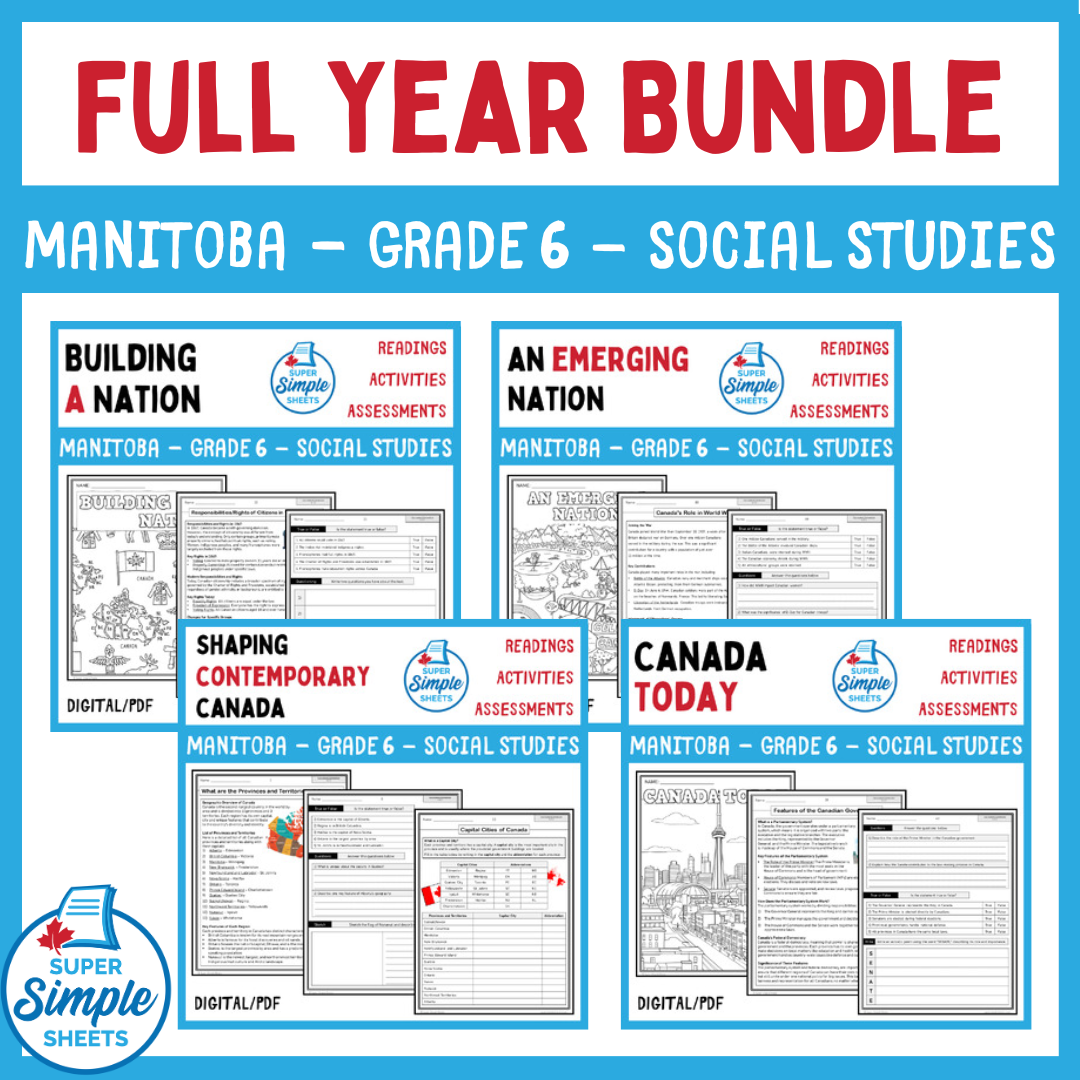 Manitoba Grade 6 Social Studies FULL YEAR BUNDLE Super Simple Sheets