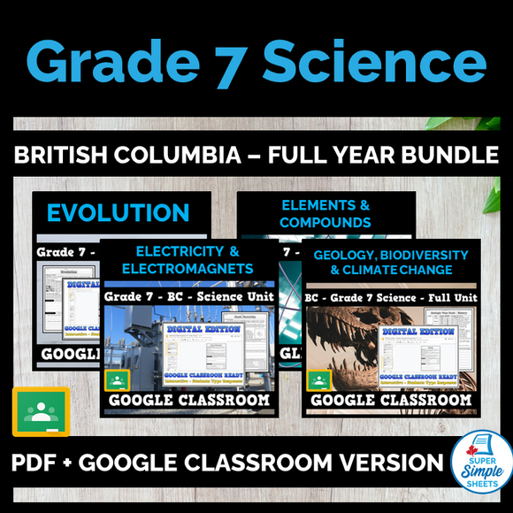 BC Science Grade 7 Bundle - Electricity, Geology, Elements/Compounds, Evolution